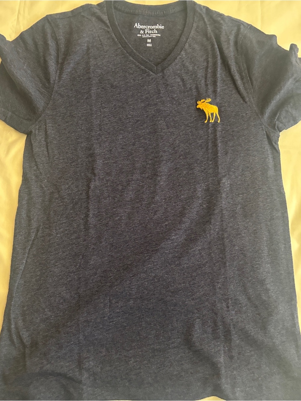 Abercrombie & Fitch Navy V-Neck Tee with Yellow Moose Logo